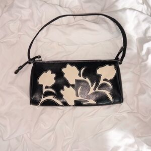 Liz Claiborne Black Leather and White Floral Fabric Shoulder Bag